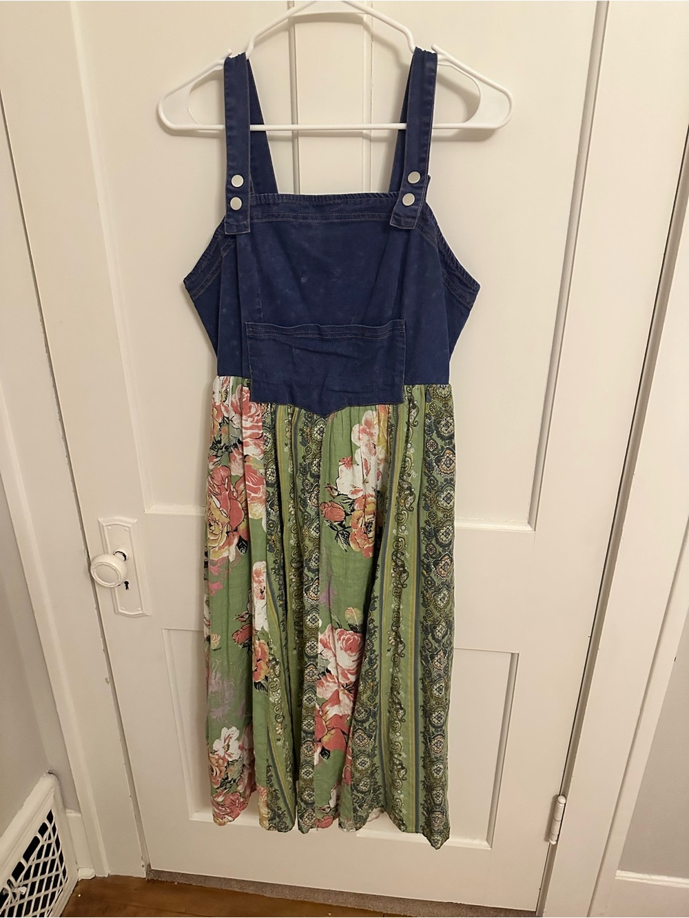 Davi&Dani Flowy Boho Hippie Chic Autumn Boutique Maxi Dress Denim Overall Floral
